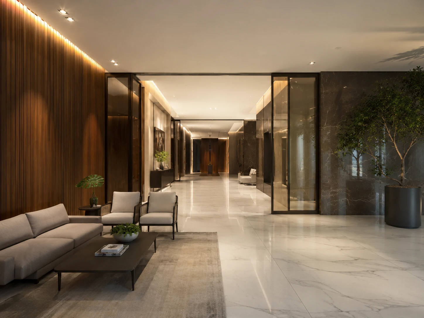 Lobby de condomínio com acabamento de alto padrão